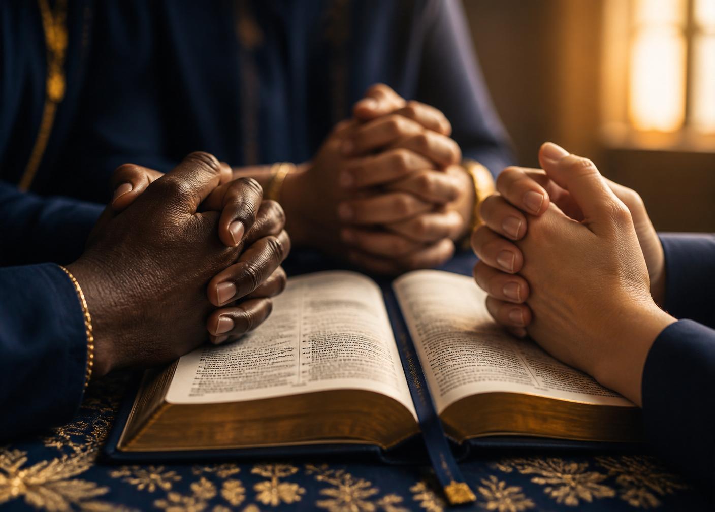 Hands of different nations clasped in prayer over an open Bible